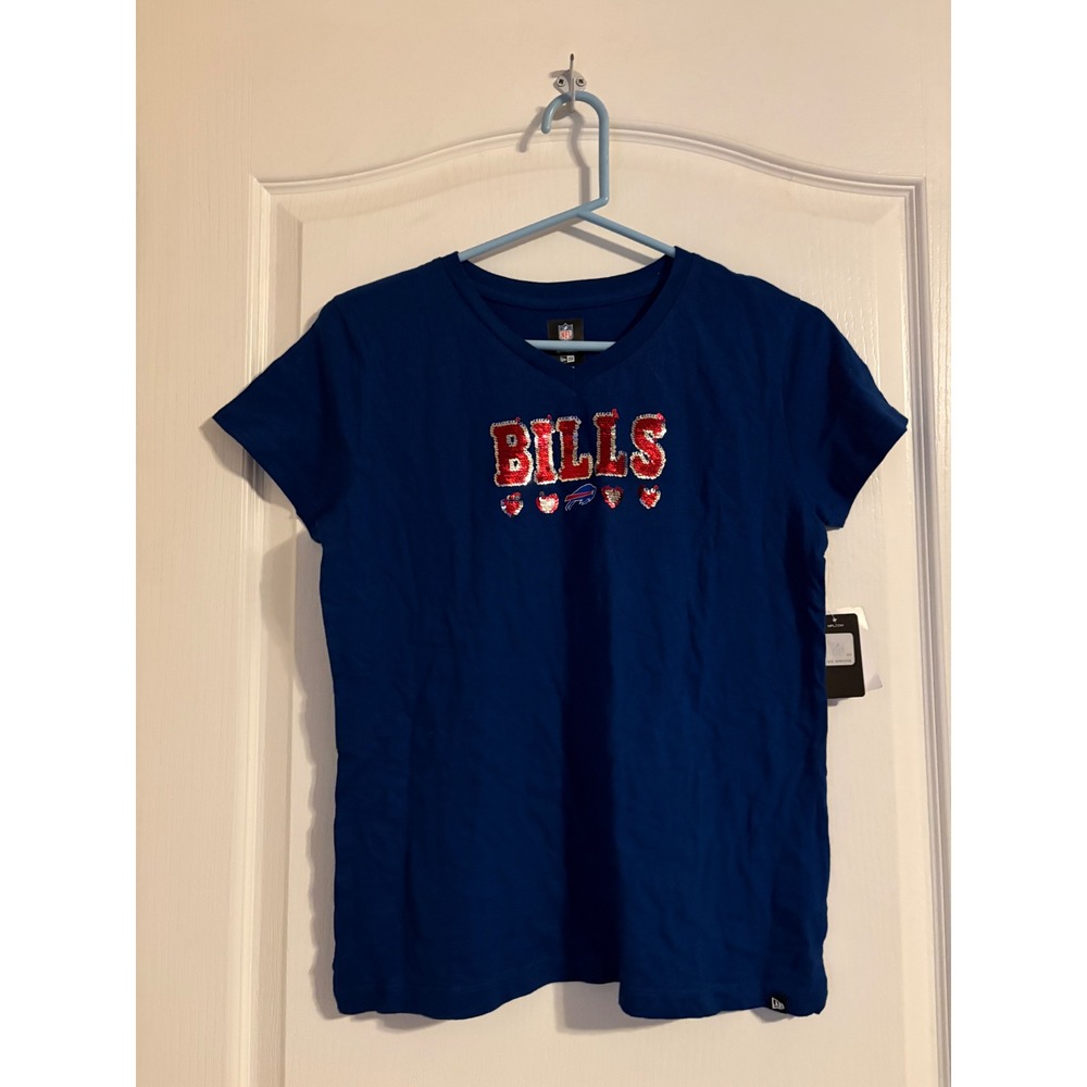New Era Buffalo Bills T-Shirt Kids 14/16 Blue New Sequined V-Neck Graphic Tee